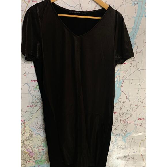 Lauren Vidal Gray Black Short Sleeved V-Neck Faux Leather Shift Dress Size Large - Picture 1 of 12
